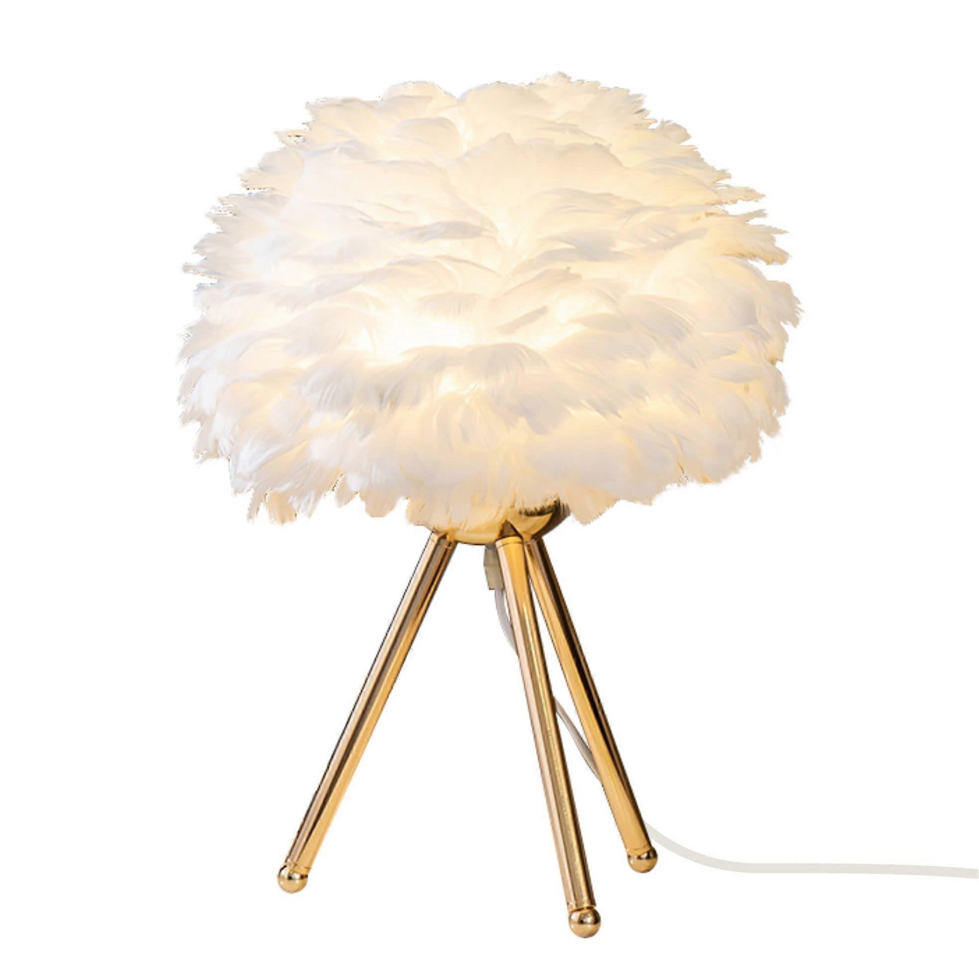 Feather Table Lamp with Handmade White Shade, Golden Tripod Bedside Light for Soft Ambient Glow