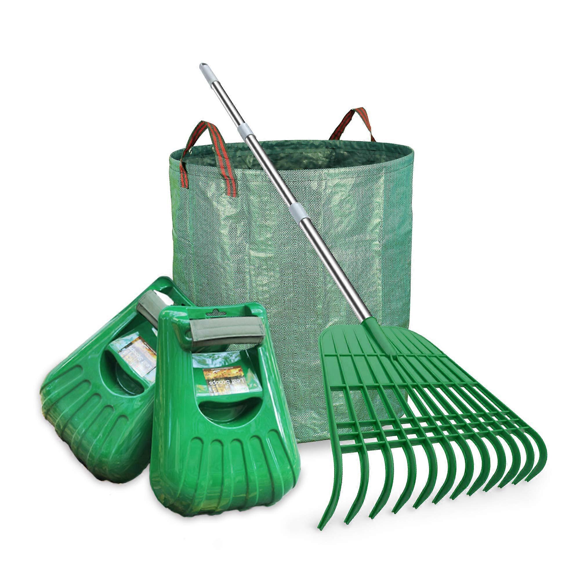 Garden Leaf Rake and XL Leaf Scoops Set with 12 Tines, 72Gallon Bag, Gloves and Knee Pads