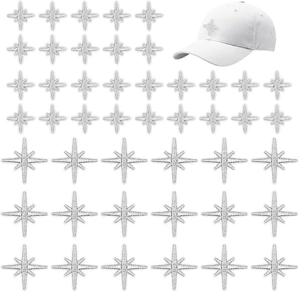 80Pcs 2 Style Star Embroidered Patches Silver Polyester Eight Pointed Star Iron on Patches Solid Sew on Repair Badge Ornamental Cloth Applique for Clo