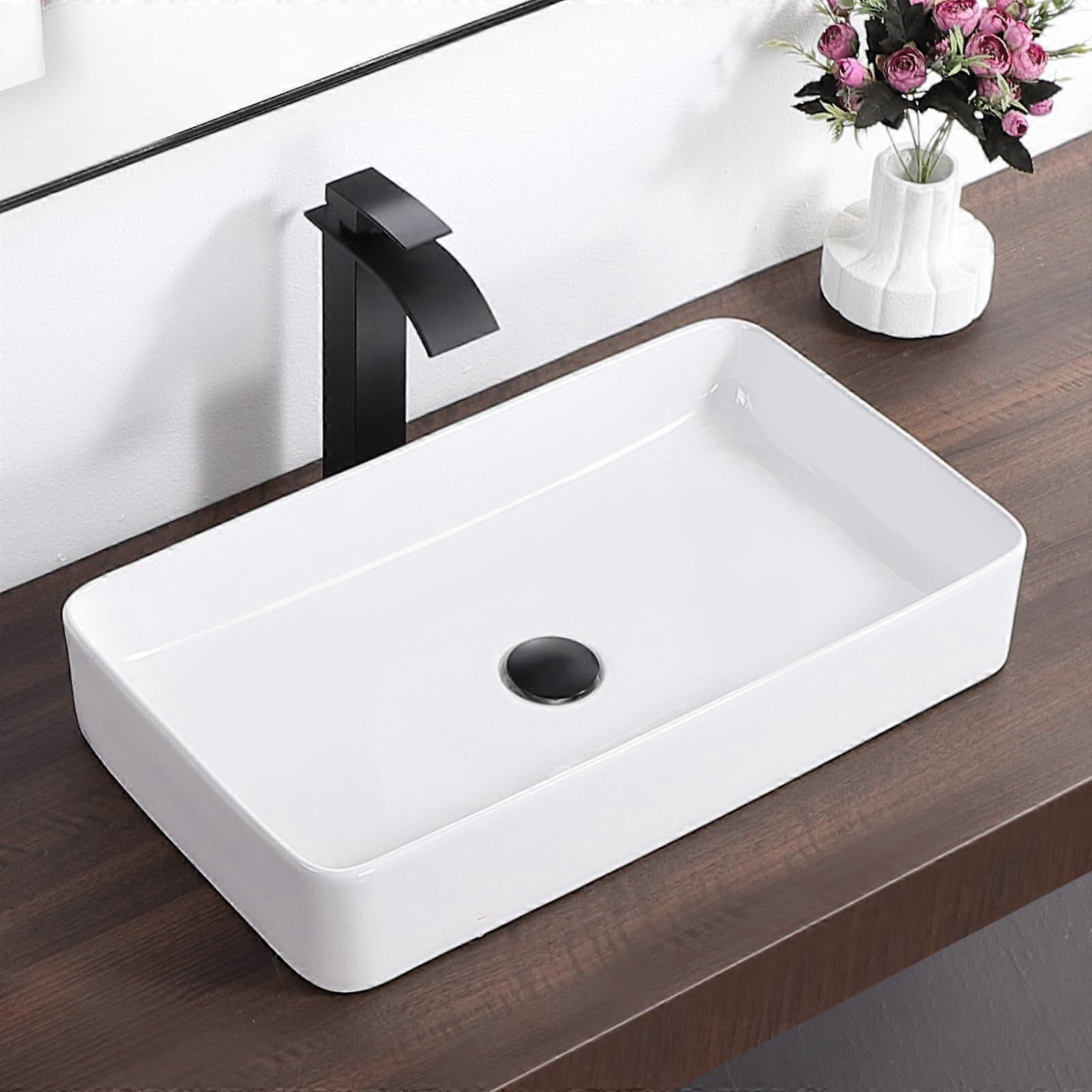 Bathroom Vessel Sink 24x14 Rectangular White Ceramic, Modern Above Counter, Scratch Resistant