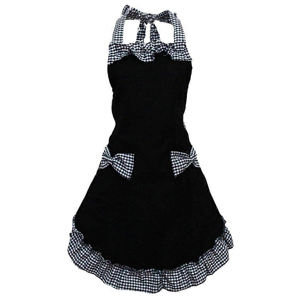 Vintage Apron with Pockets Adjustable Straps Retro Gingham Ruffle Cooking Baking Black