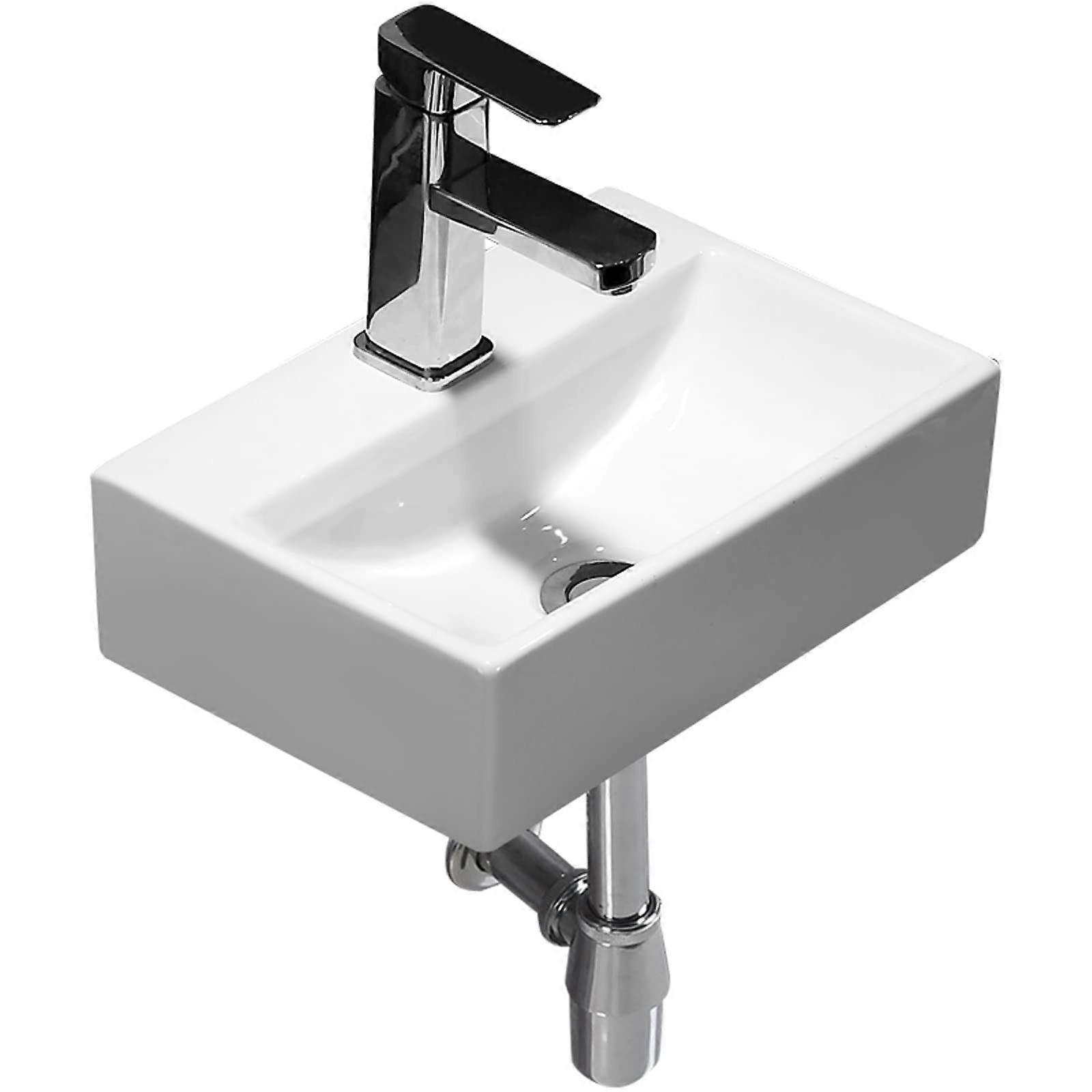 Bathroom Vessel Sink Wall Mounted Ceramic Basin with Faucet, SpaceSaving Corner Design, White