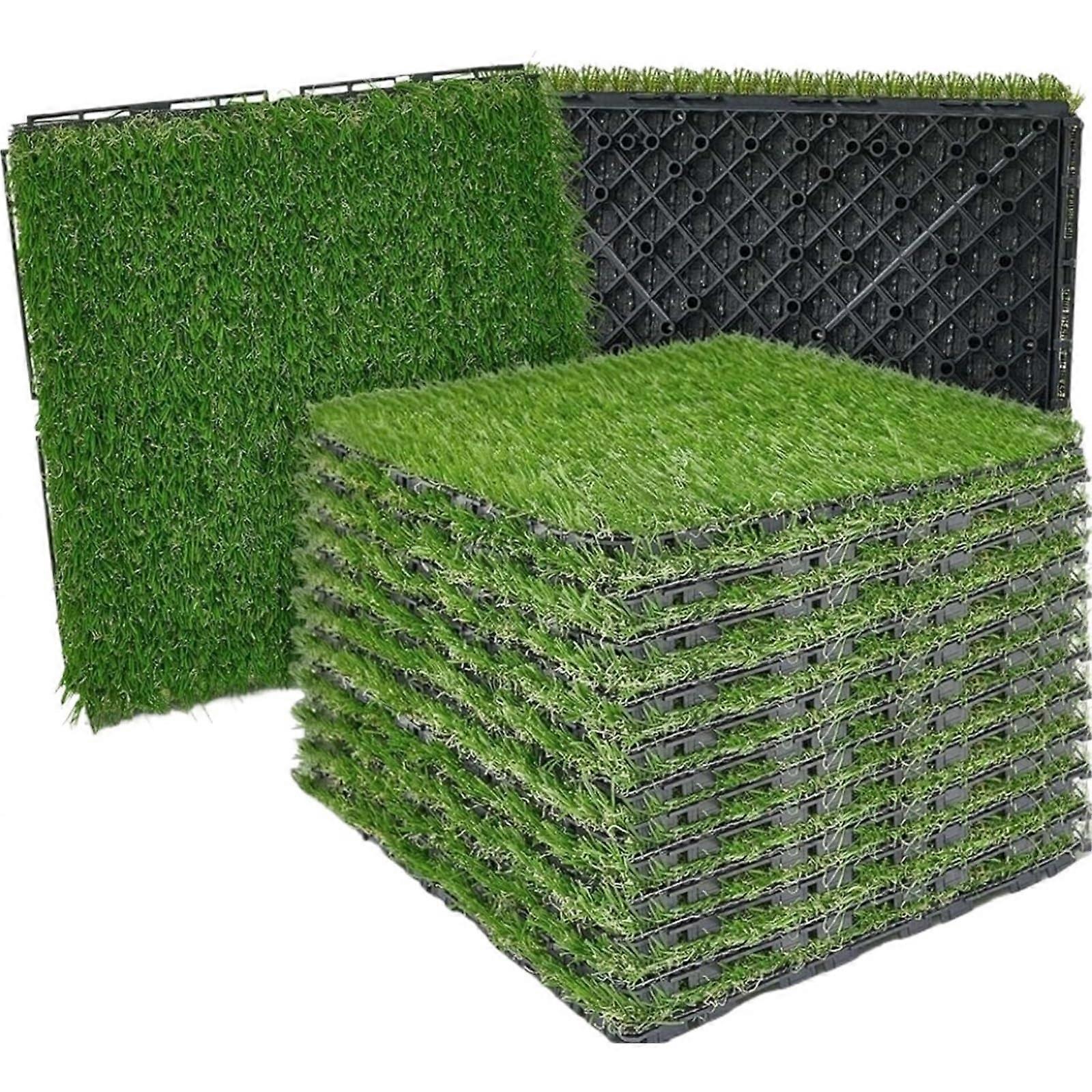 Artificial Grass Interlocking Deck Tiles 32 Pack Self Draining Fake Grass Squares for Garden Patio