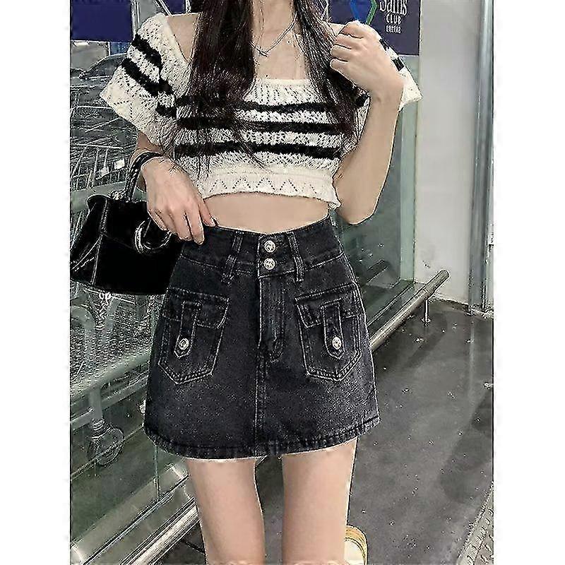 Plus Size  Waist Denim Skirt ALine Button Front Women's Summer Casual Solid Color