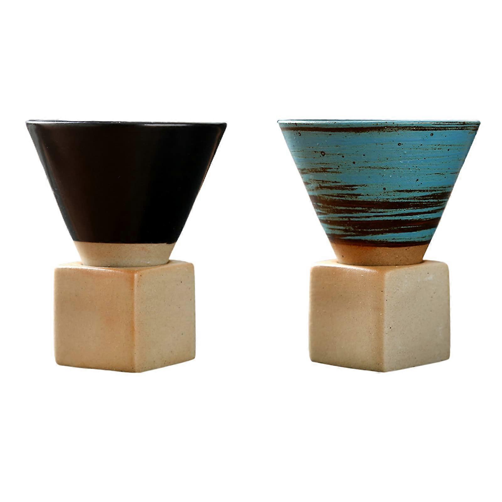 200ml Ceramic Coffee Mug with Base, Creative Triangular Cone Shape Black and Blue Porcelain Tea Cup