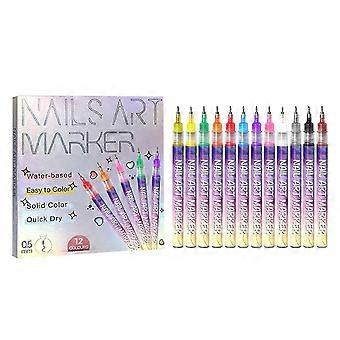 Puntas finas Bolígrafos de arte de uñas 3D, 12 colores Bolígrafos de esmalte de uñas de 0,5 mm Punta de clavo Graffiti Punteado Dibujo Pintura Pincel delineador para el salón de casa rápidamente DIY N