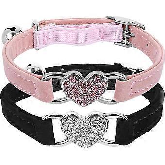Adjustable Heart Shaped Collar with Bell, Adjustable Collar with Rhinestone Safety Belt for Small Cat and Dog (Black+Pink)