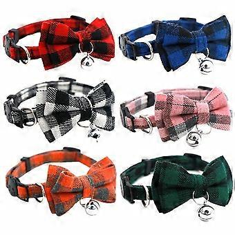 British Plaid Bow Tie Cat Dog Collar Set with Bells, Adjustable Polyester Kitten Puppy Collars, 6 Pcs