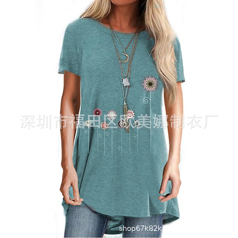 Kevät ja kesä 2022 Uusi Kukka Painatus Lyhythihainen Pyöreä Kaula Rento Medium Pitkä T-paita Nainen