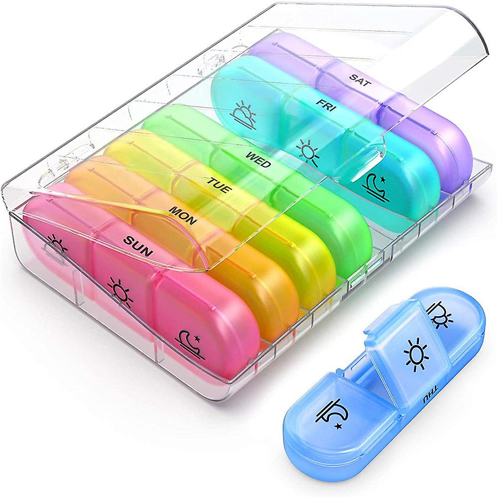 thumbnail image 1 of Siete días a la semana, pastillero de 21 rejillas arco iris, caja de clasificación, compartimento de plástico portátil, pastillero, 1 of 5