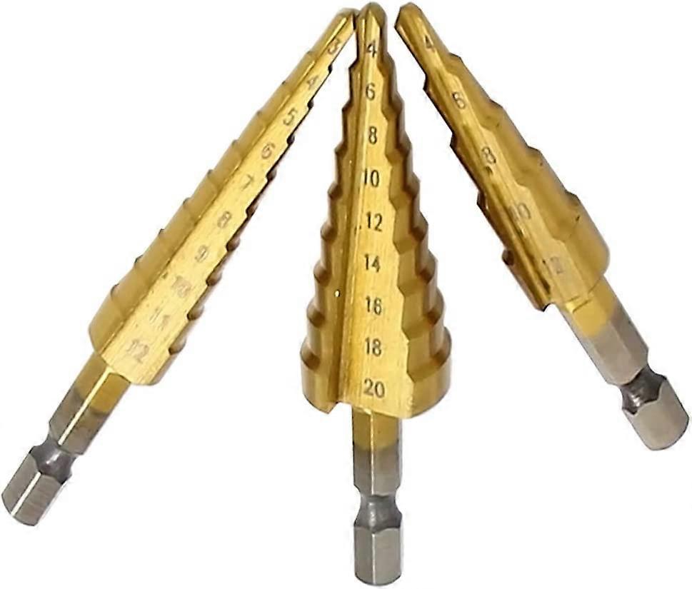Step Drill Bit Countersink 3-Piece Set Multi-Functional Drilling Tool with 3-12mm/4-12mm/4-20mm HSS Titanium Core Bit