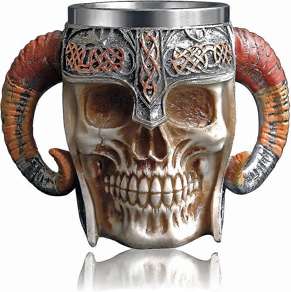 Viking Warrior Skull Mug with Stainless Steel Liner Aries Skeleton Beer Mug Medieval Mug Coffee Mug