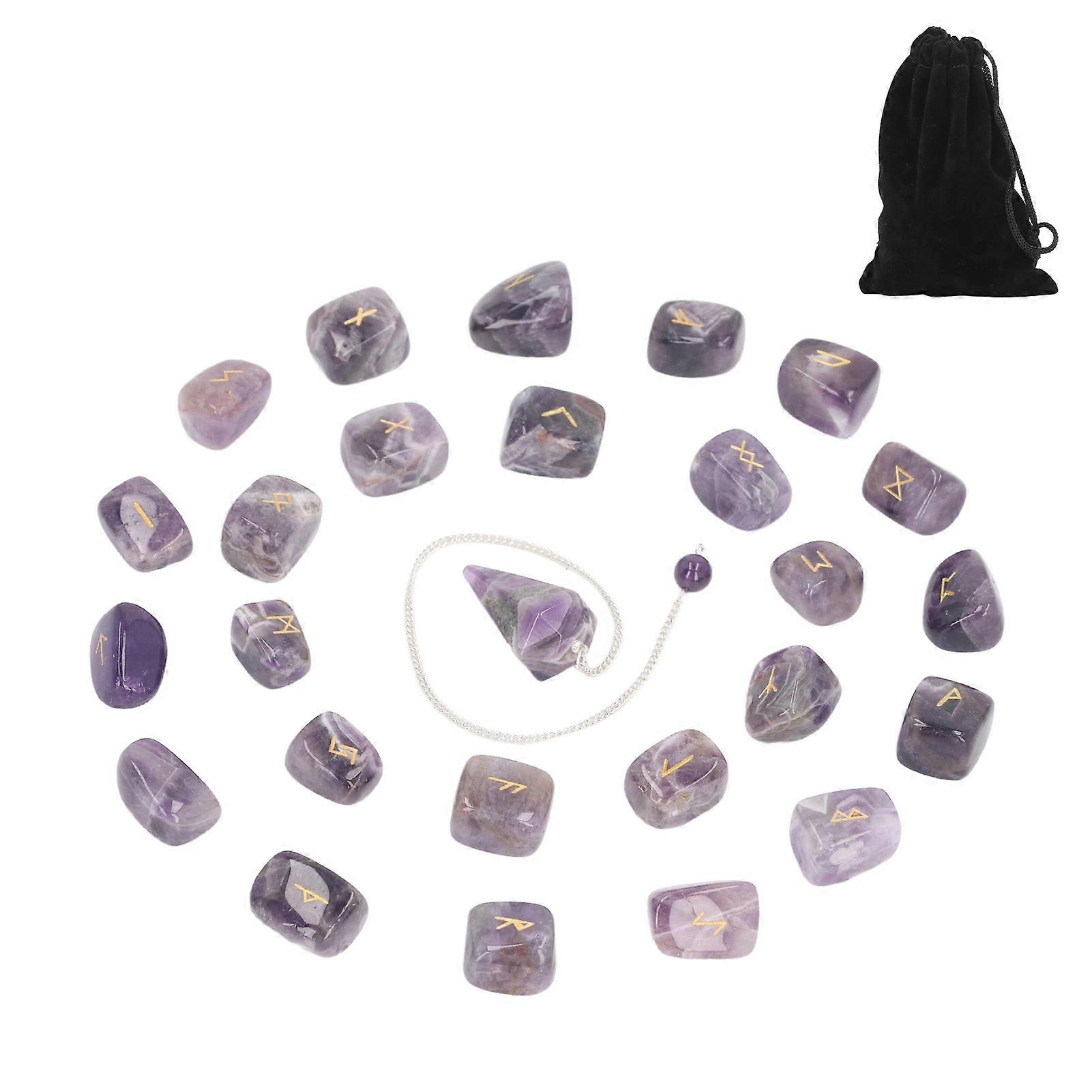 25Pcs Rune Stones Healing Balanced Chakras Peaceful Mind Lettering Crystal με Τσάντα Εκκρεμές για Μαντικό Διαλογισμό Αμέθυστος με Εκκρεμές