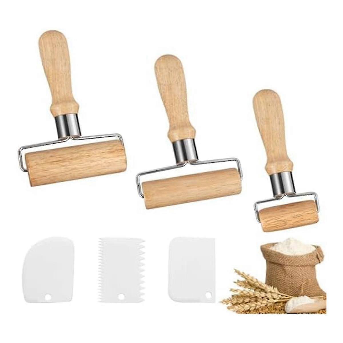 Pack Of 3 Wooden Rolling Pin, Rolling Pin With Plastic Dough Scrapers, Suitable For Rolling Dough B
