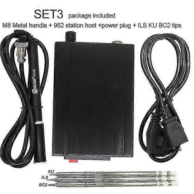 cht-quicko t12-952 soldering station with m8 black metal handle and various types of soldering iron tips