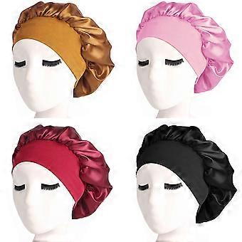 4 Pieces Satin Sleep Cap Elastic Wide Band Hat Night Sleeping Head Cover