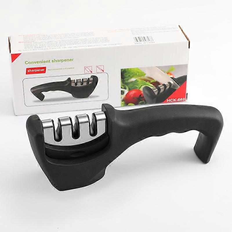 Grip Easy to Use Knife Sharpener, 3 Sharpening Options to Help Polish, Sharpen and Repair Kitchen Knives, Restore Dull Blade, Black 3*8 inch