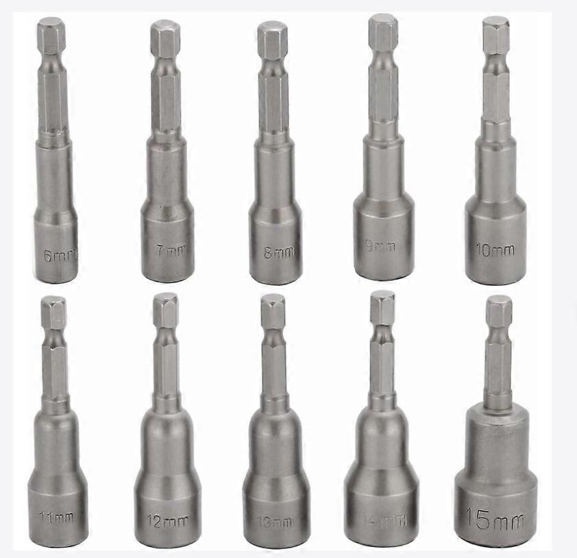10 Pcs Impact Driver Socket Bit 6-15mm Set Magnetic Hex Socket Magnetic Bit Set Drill Hex Socket Socket Set 1/4 Inch for Quick Change Chuck