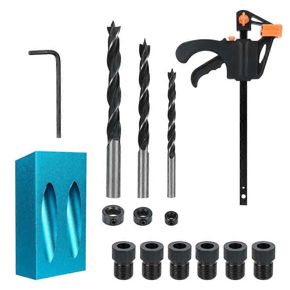 Hole Puncher 14/15Pcs With Drill Bit Set Woodworking Hole Drilling Guide Locator 15 Degrees Pocket Hole Jig Kit