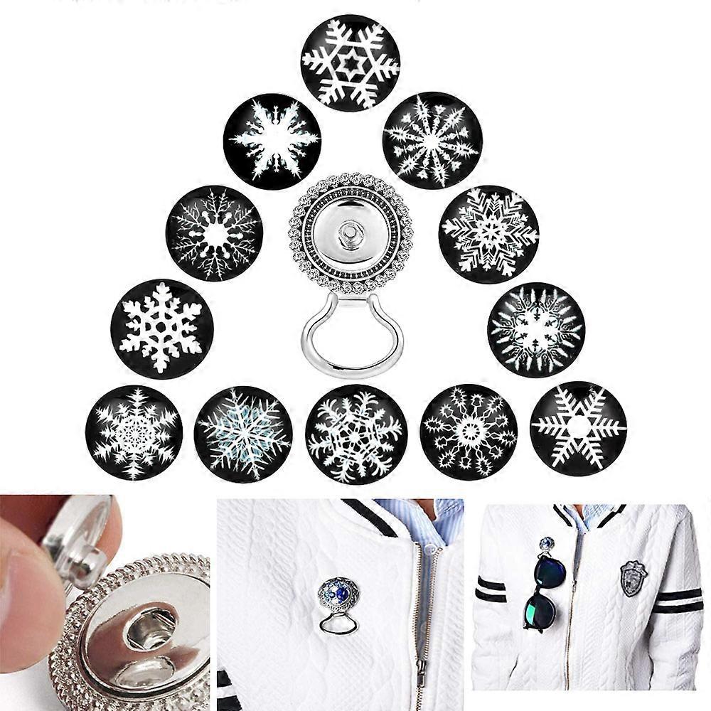 13 件(钻石胸针 + 12 颗雪花纽扣)磁性眼镜架胸针女士,老花镜,太阳镜和安全支撑