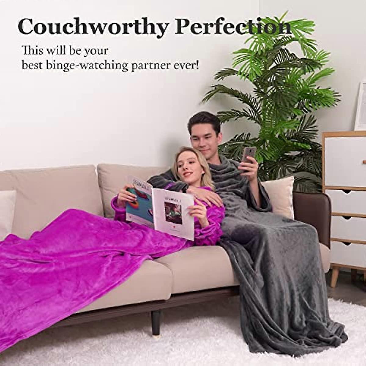 Winthome Wearable Blanket with Sleeves Soft and Warm for Sofa Lovers Two Sizes with Elastic Cuffs Hook and Loop Fastener (Grey 140x170cm)