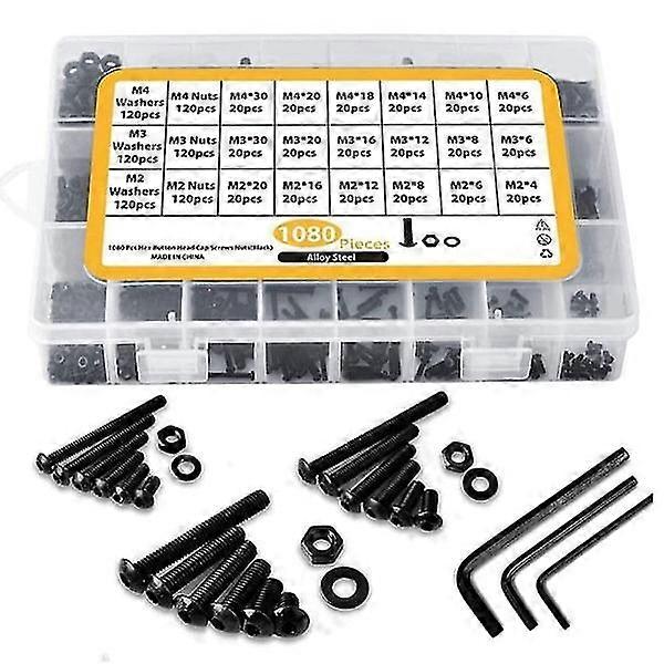 1080pcs Button Head Socket Cap Screws Bolts Nuts Washers