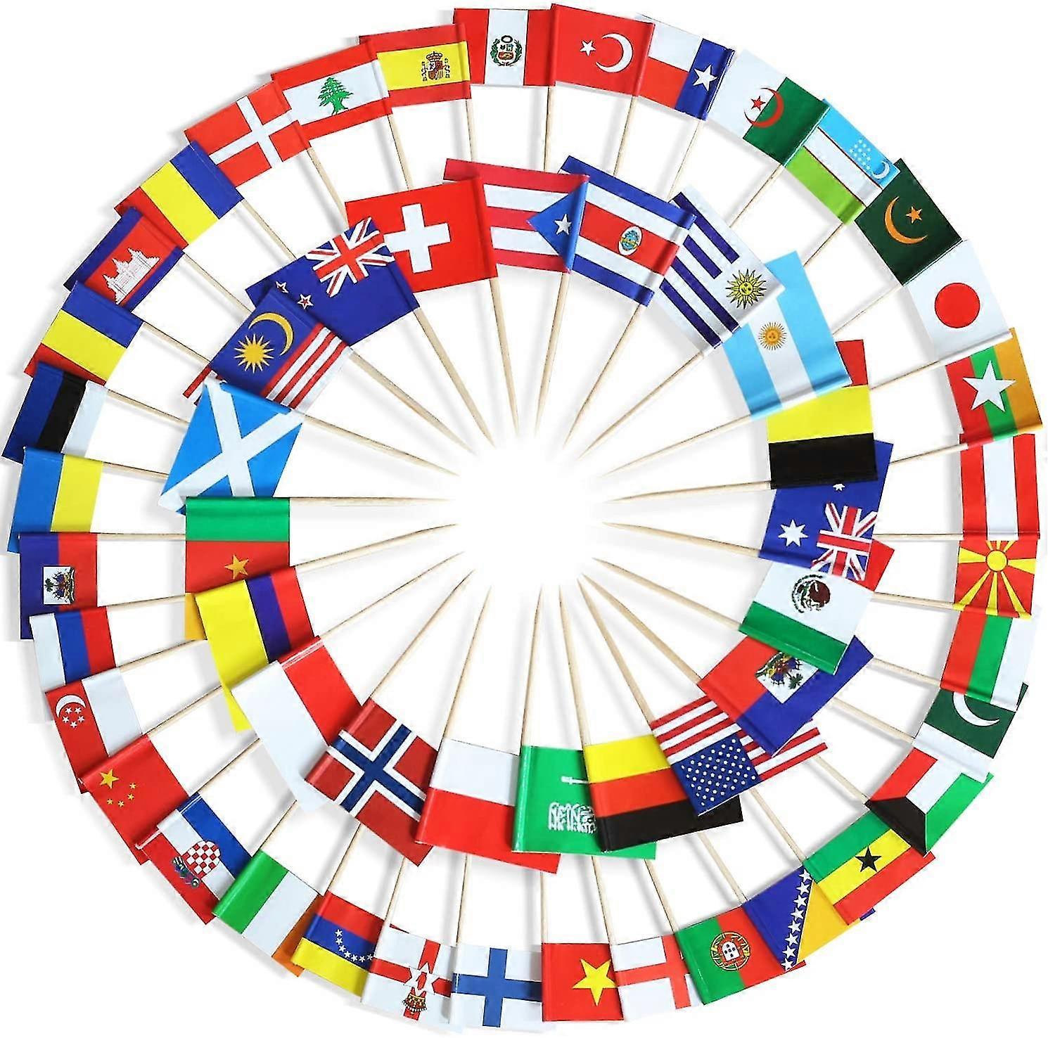 Assorted 100 Different Countries Toothpick Flag - Vivid Double Sided Print & Solid Smooth Pick - Party Decoration (100 Pcs)