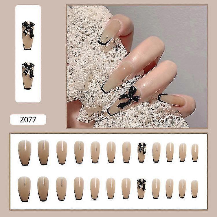 24pcs Black Bow Nail Patch Glue Type Removable Long Paragraph Fashion Manicure Save Time False