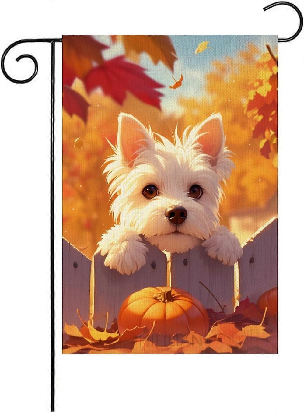 White Terrier Fall Garden Flag 28x40 Dwustronny, Dyniowy Płot Jesienne Liście Flagi Ogrodowe(4311)