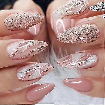 Sequin Printed Pink Long Fake Nails Chip-proof Smudge-proof Fake Nails  Jelly Glue Model