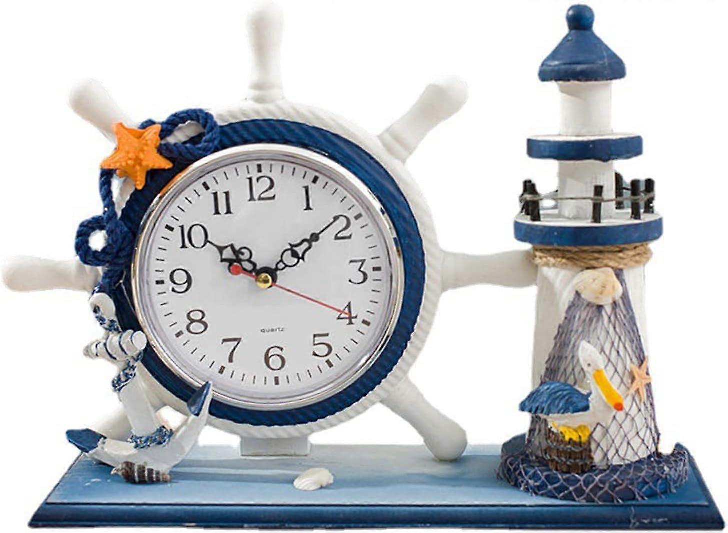 Nautical Desk Clock in Mediterranean Style, Wooden Boat Anchor Design, 10-Inch Decorative Table Clock