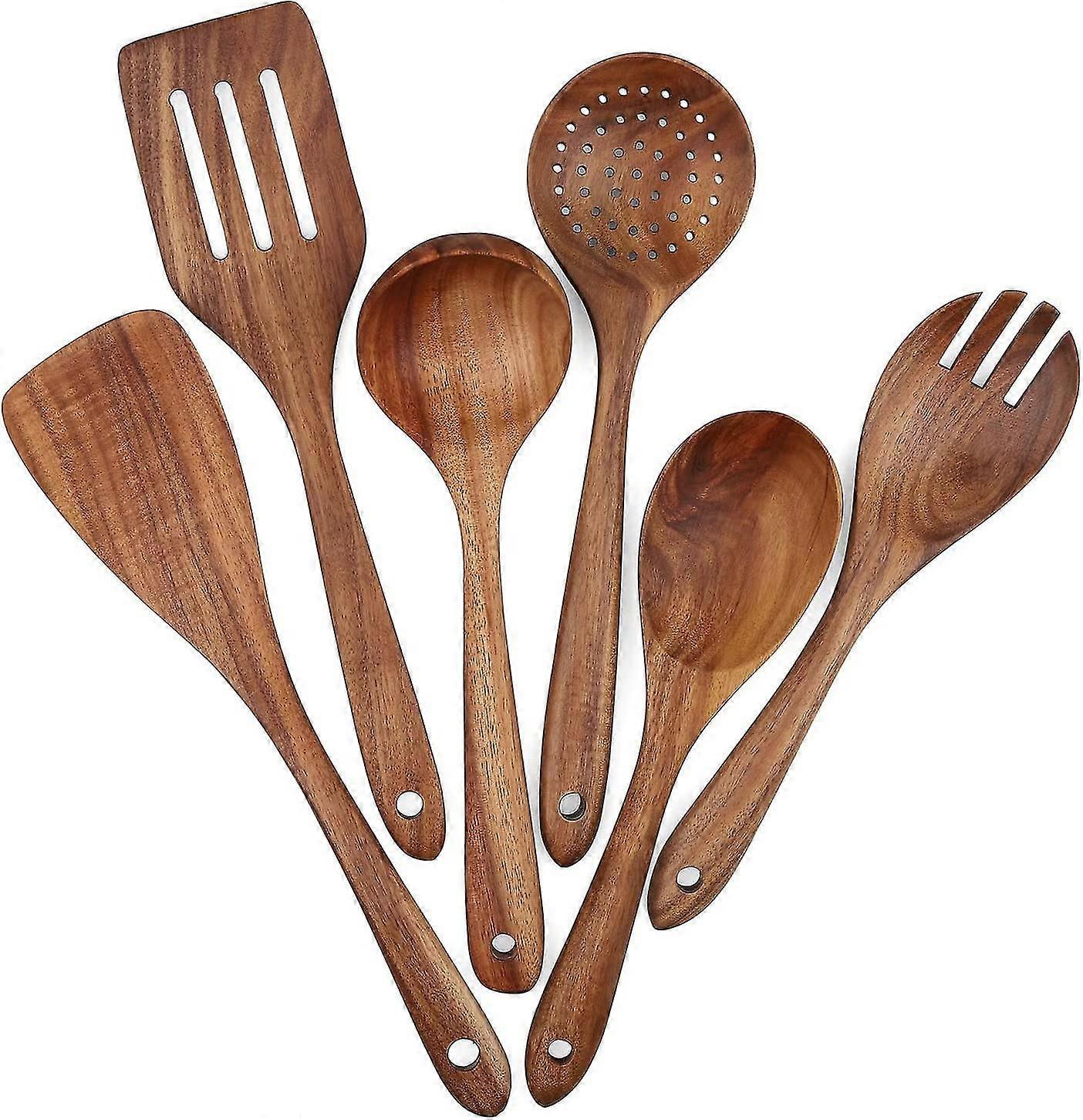 Wooden Cookware Set, 6-piece Set, Kitchen Utensil Set, Non-stick Cookware, Spatula, Fork, Slit Spatula, Soup Spoon, Ladle