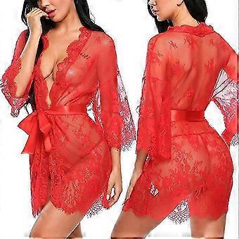 Frauen Durchsichtig Spitze Kimono Bademantel Dessous Nachtwäsche Morgenmantel Nachtwäsche 3XL Rot
