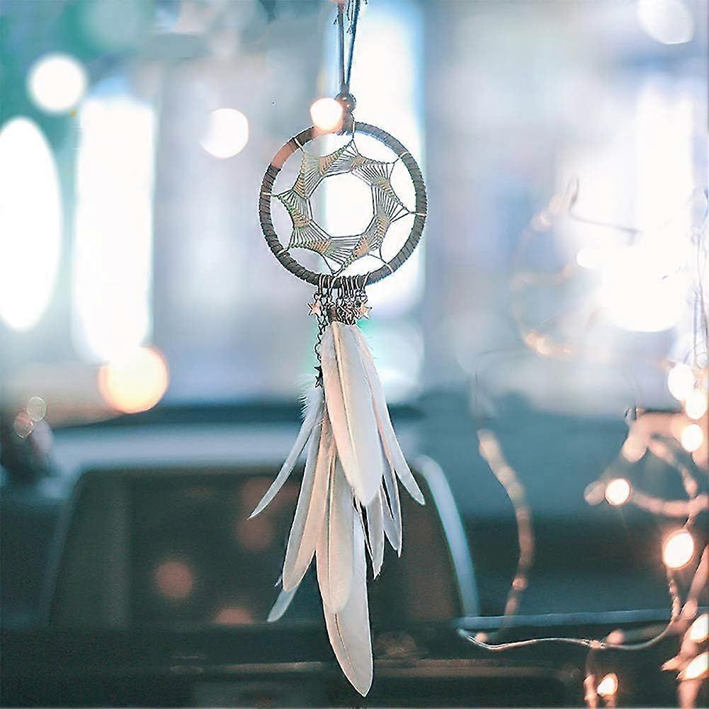 SBSGV Dream Catcher Car Rearview Mirror Hanging Accessories Handmade Grids Pink Feather Charms Pendant Bedroom Decor 2.8" Diameter (Grey)