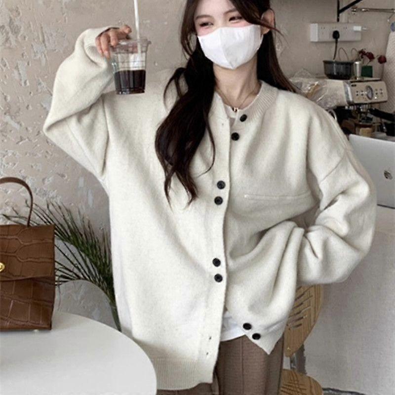 Grey loose and lazy Japanese knit cardigan for women's spring and autumn soft and sticky sweater jacket top