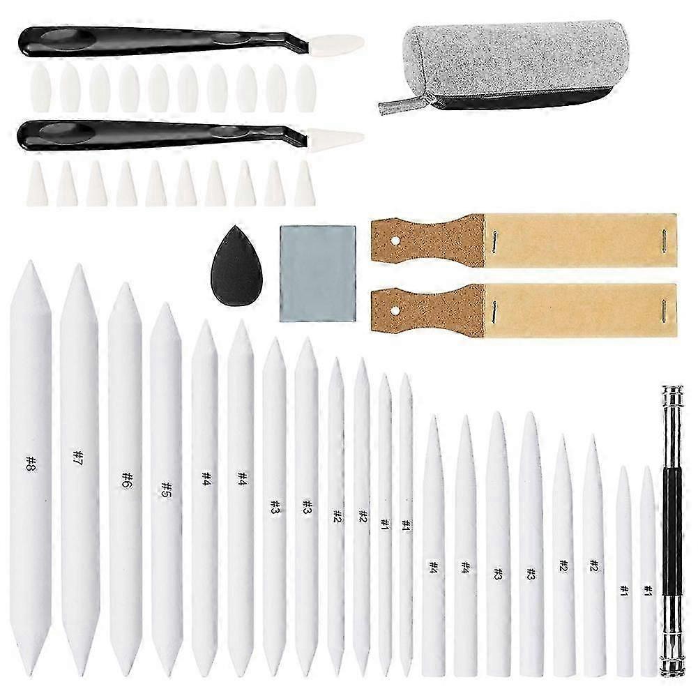 48 kpl luonnospiirustustyökalusarja, jossa on 20 sekoituskantoa ja 2 hiekkapaperin teroitinta