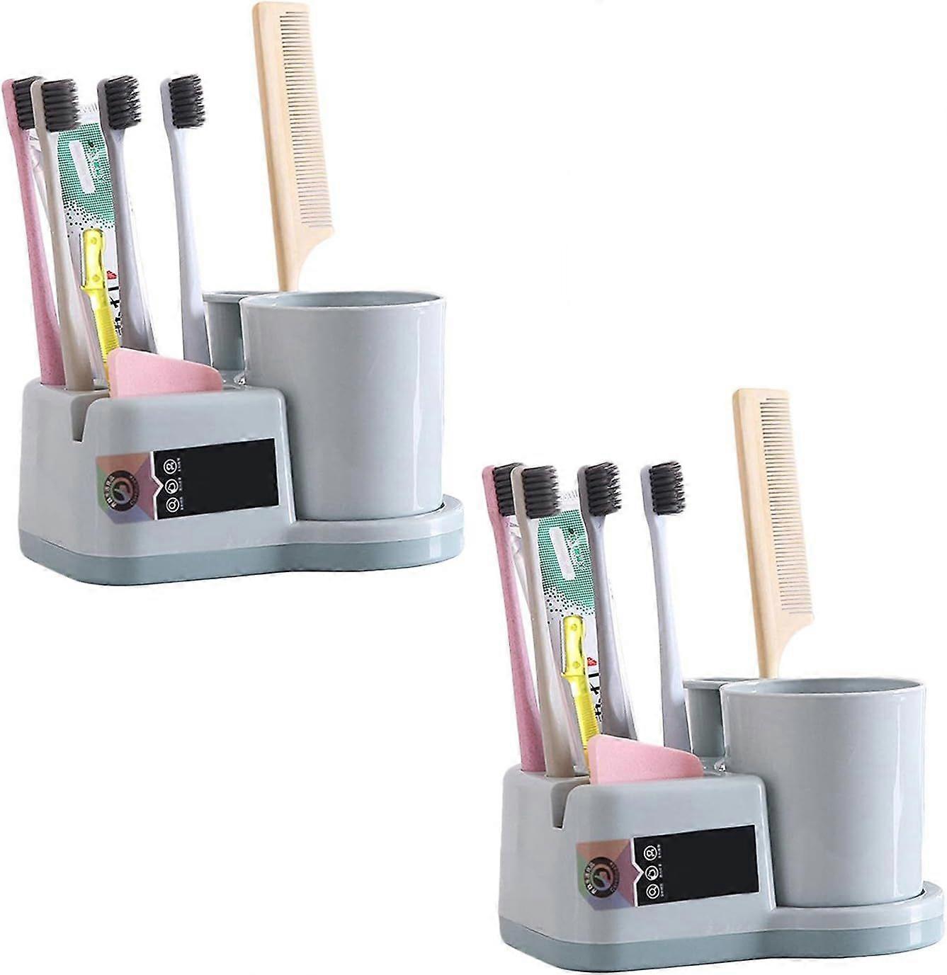 2 Pack Antibacterial Toothbrush Holder with Storage - Blue