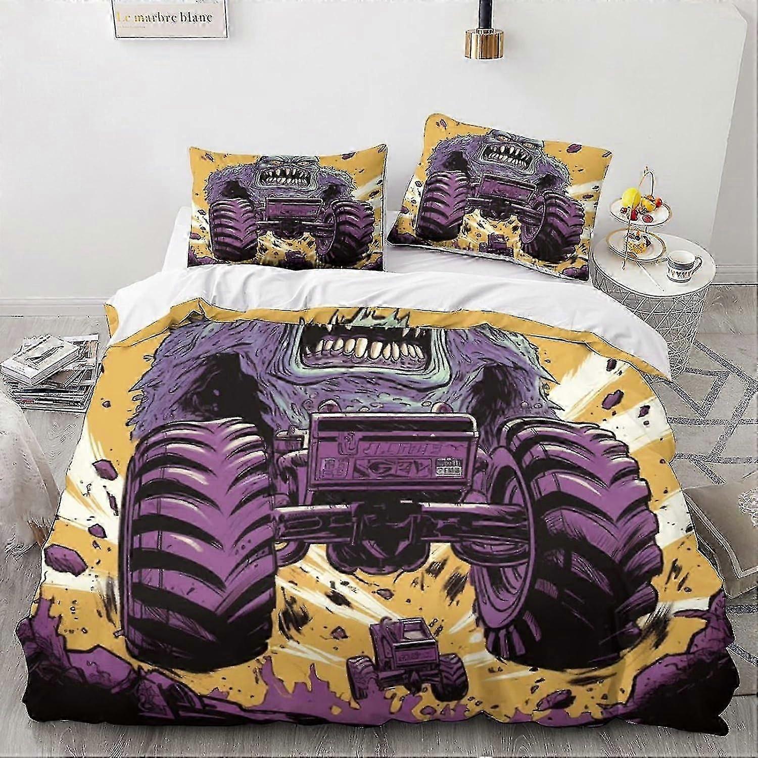 o4180 Prostěradla Monstra Povlak na přikrývku 3D kreslené tištěné ložní prádlo Set 3ks Mikrovlákno vintage auto Povlak na přikrývku se zapínáním na zip King Prostěradla fVV4