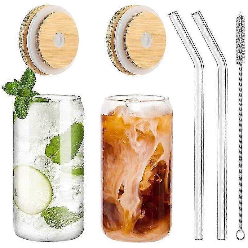 Drinking Glasses with Bamboo Lids and 2PCS Set, 16Oz Can Shaped Glass Cups with Lids and Straws,Bee