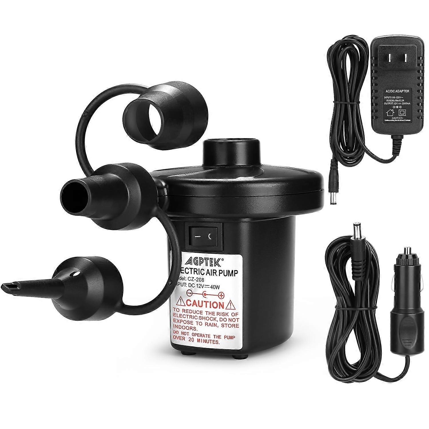 AGPTEK Electric Air Pump with 3 Nozzles, 4.5 KPA High Pressure, 110V AC and 12V DC Compatibility for Inflatable Items