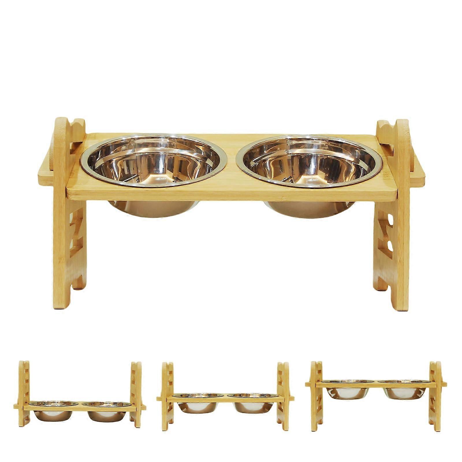 Small Elevated Dog Bowls Stand  Adjustable Height for Medium and Small Dogs, Bamboo
