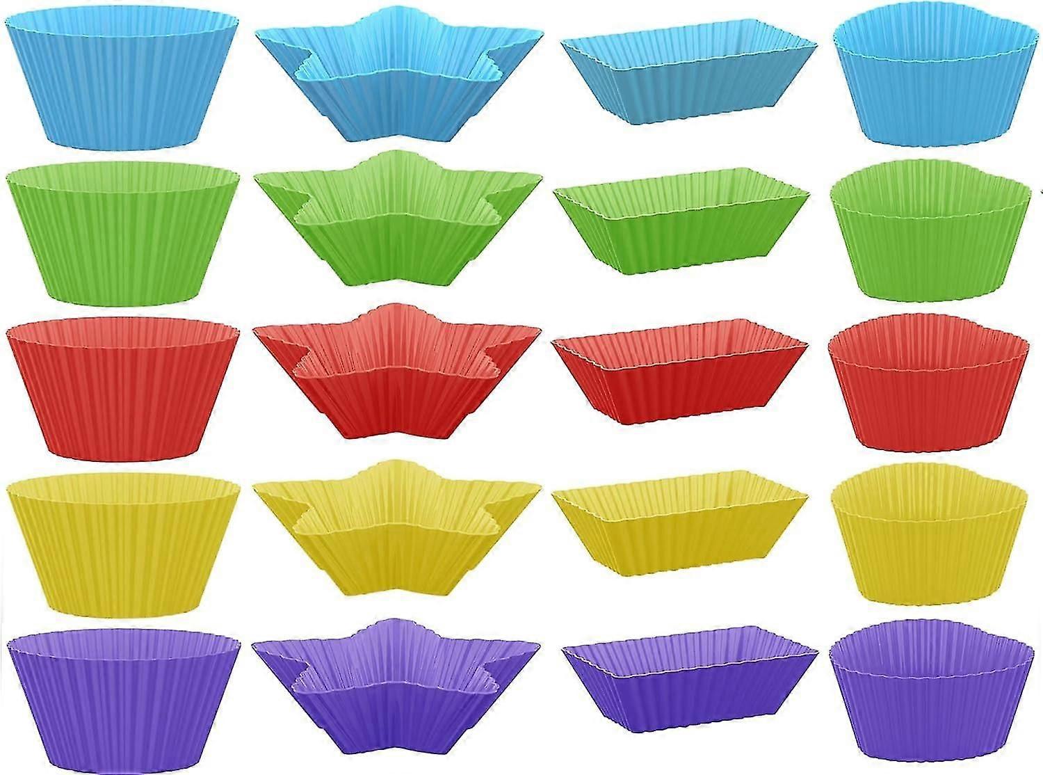 20 Pcs Silicone Baking Cups - Reusable Cupcake Liner, Food Grade Safe Bpa Free Non-stick Muffin Liners For Baking Cupcake Mold, 4 Shape Multicolor