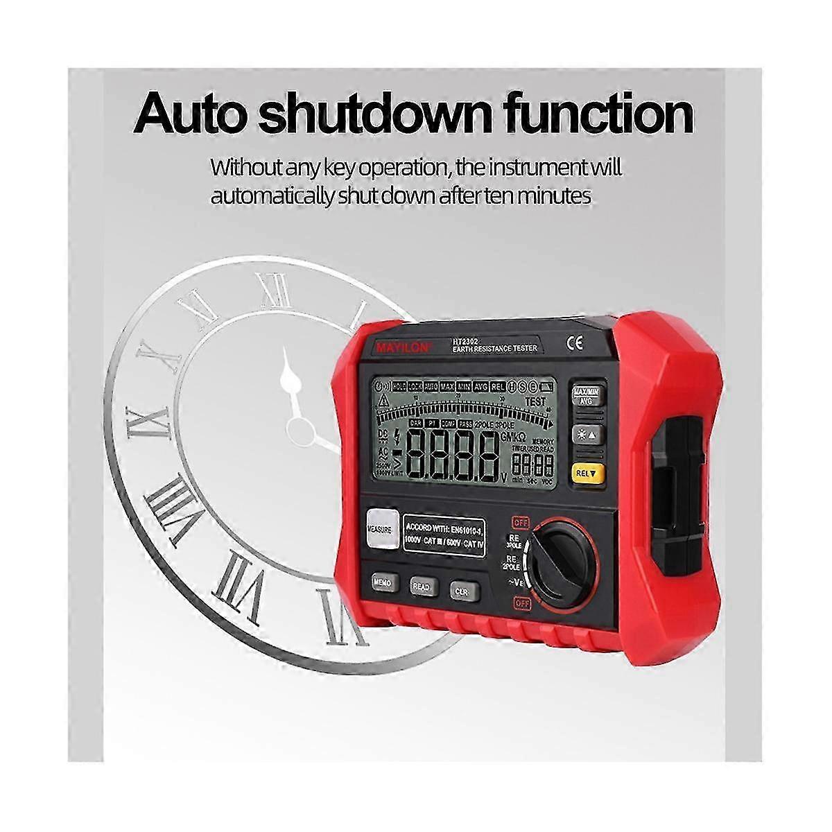 Digital Ground Resistance Tester 0-40KΩ AC 200V with Backlit LCD, Auto Power Off Ohm Meter