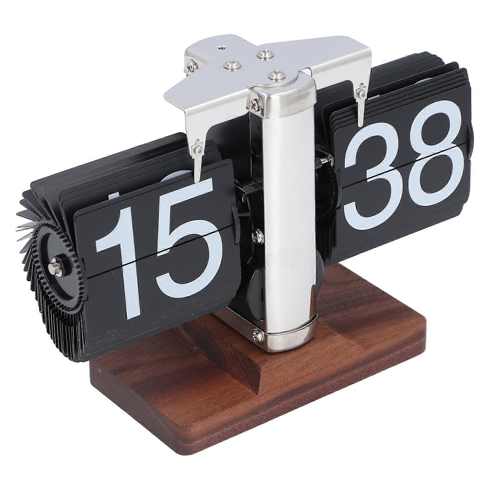 Flip Desk Clock Auto Retro Wood Base Easy to Read 24 Hours Mechanical Flip Clock for Living Room Study Room Black 