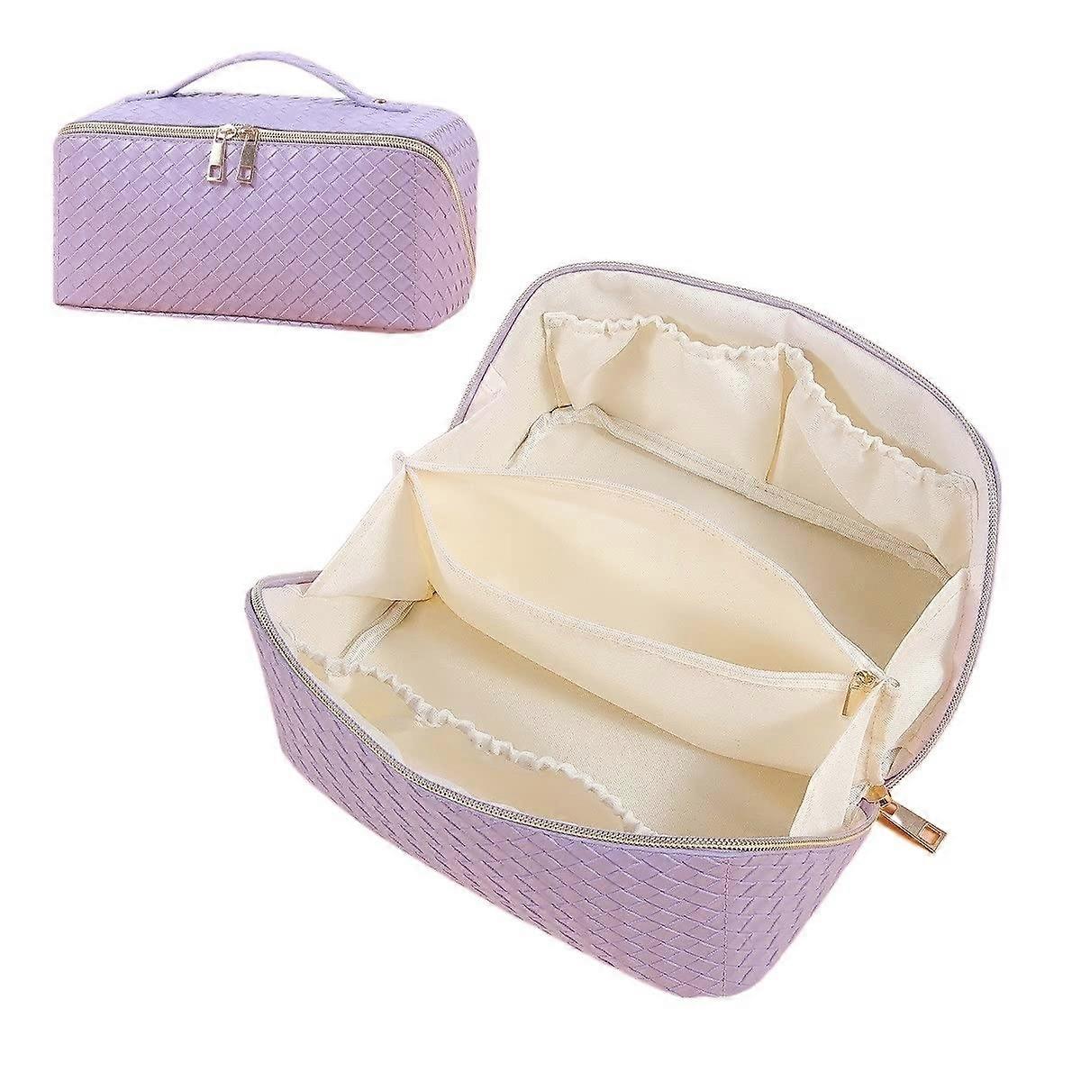 Cosmetic Bag PU Leather Storage Case Large Capacity Embossed Checked Geometric Print Lavender