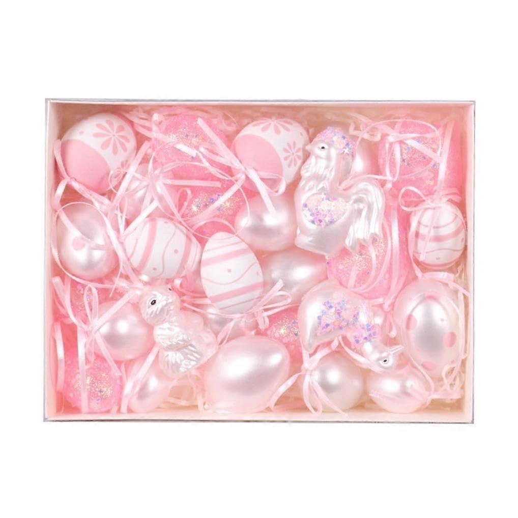 Easter Eggs for Hanging 30-Piece Plastic Set, Pink Eggs With Chick, Rabbit, Duck Ornaments for Baskets and Spring Decor