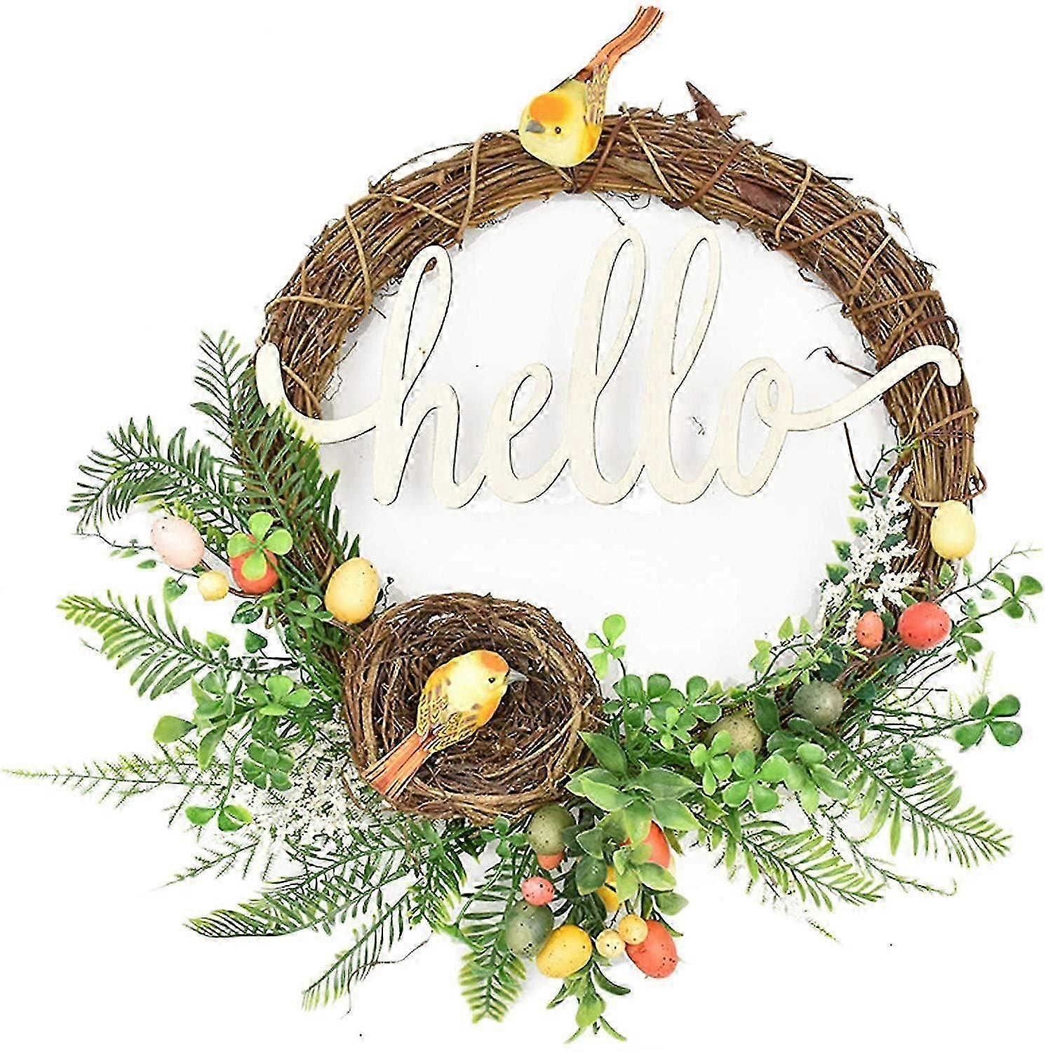 Hello Artificial Forest Wreath With Birds Nest, Easter Eggs, Spring / Summer Front Door