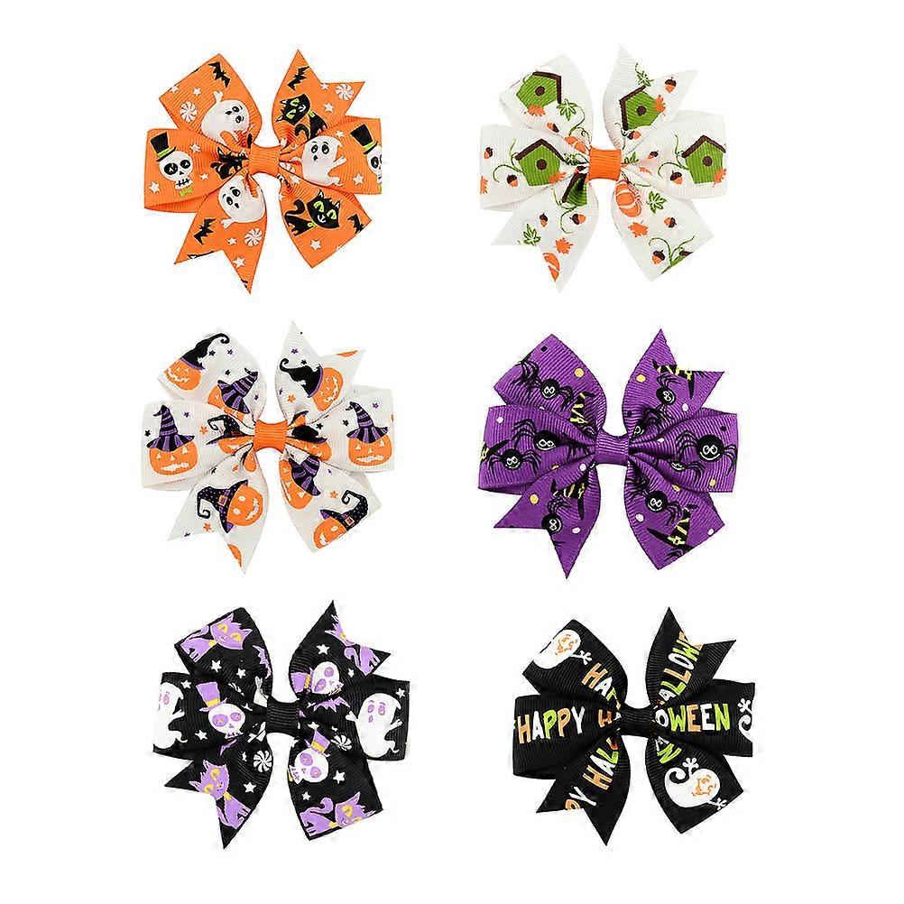Polyester Bowknot Hair Clips Halloween Themed for Kids Children Assorted Color 8x8cm 6Pcs