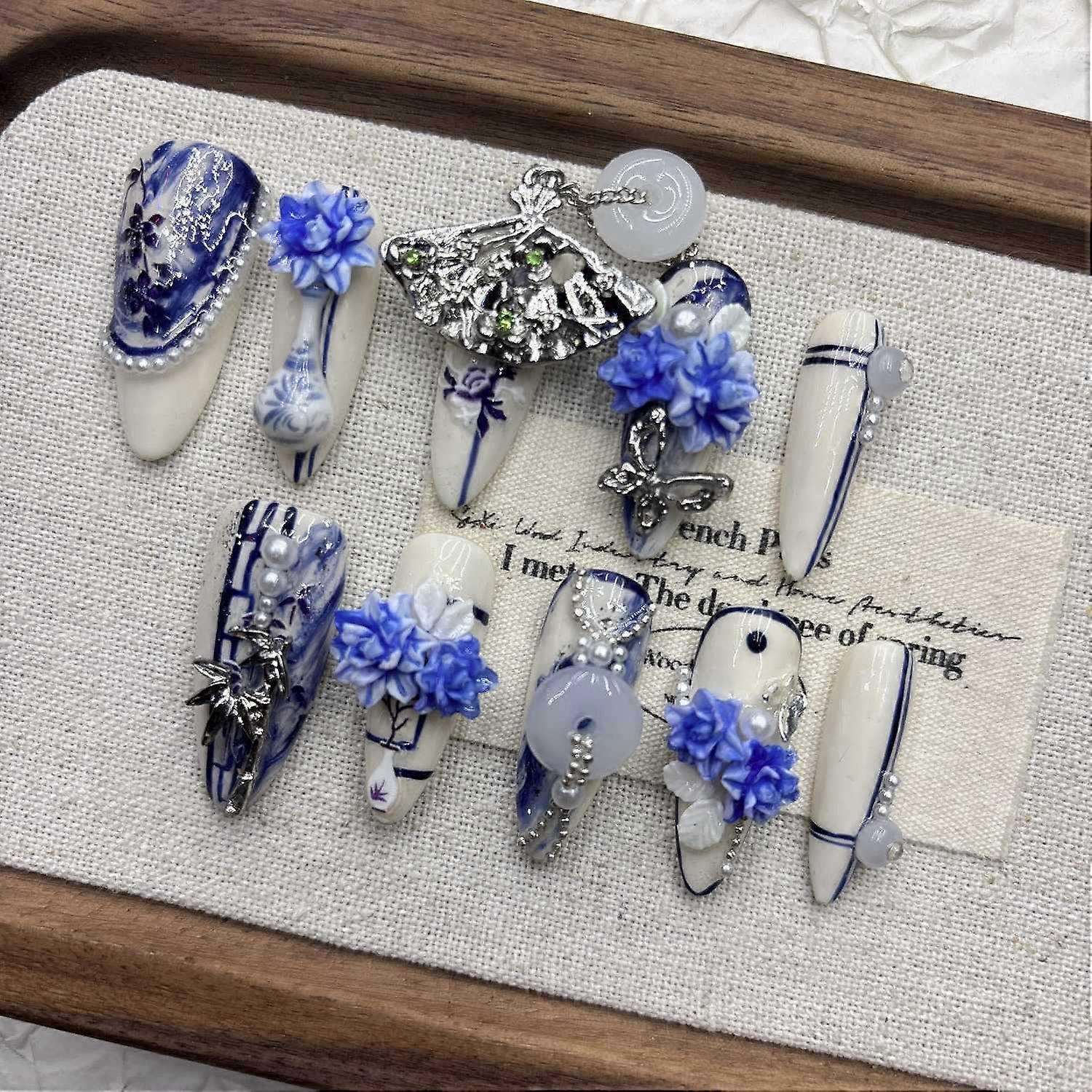 Blue Porcelain Nails Reusable Press on Nails Luxury Fake Nails