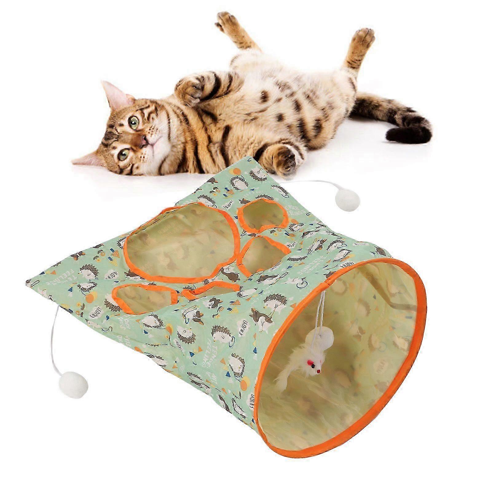 SCSYV Cat Tunnel Toy Collapsible 3 Layers Paper Ring Pet Tunnel with Plush Ball and Folding Plush Mouse for PetsGreen Hedgehog